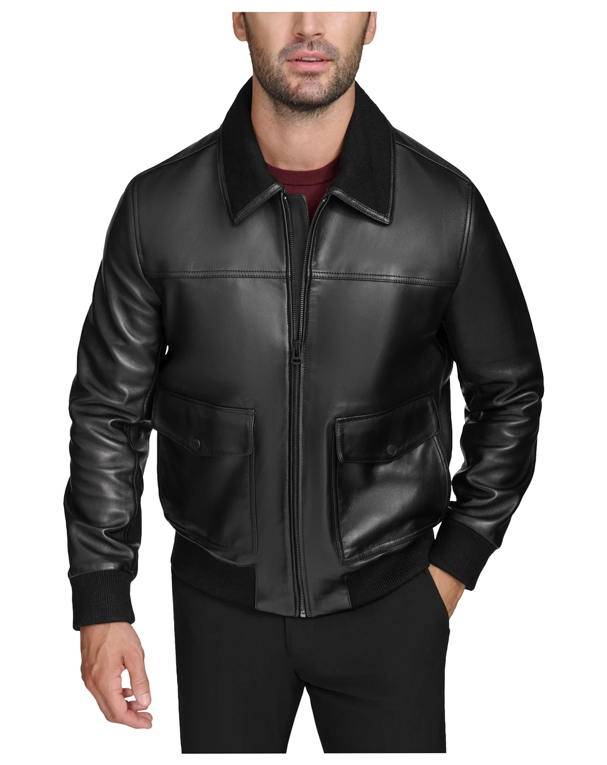Men's Full-Zip Leather Bomber Jacket