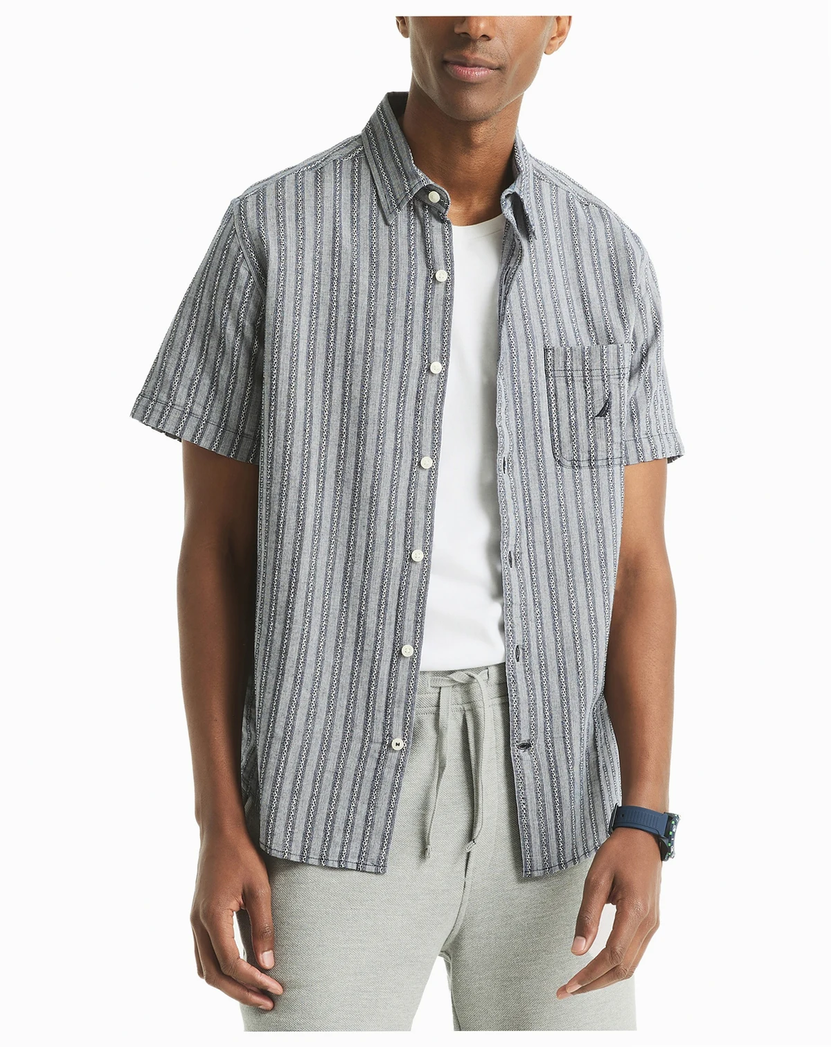 Men's Short Sleeve Dobby Stripe Button-Front Shirt