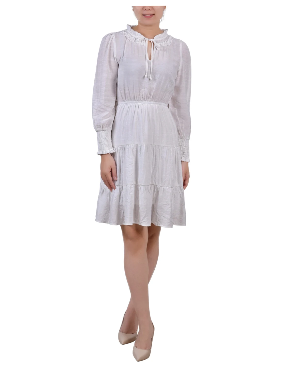 Petite Long Sleeve Tiered Dress with Ruffled Neck