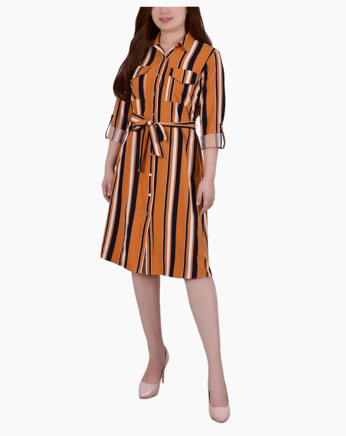 Petite Striped Roll Tab Shirt Dress