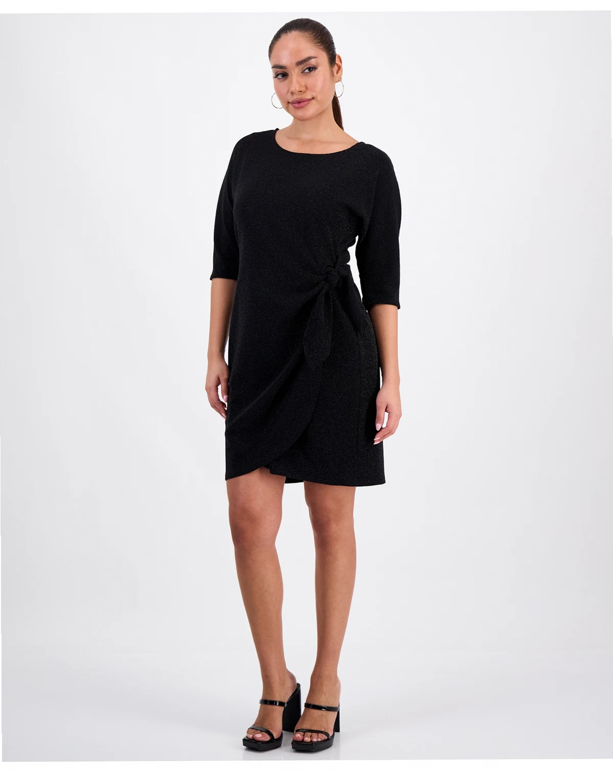 Petite Glitter-Knit 3/4-Sleeve Sarong Dress