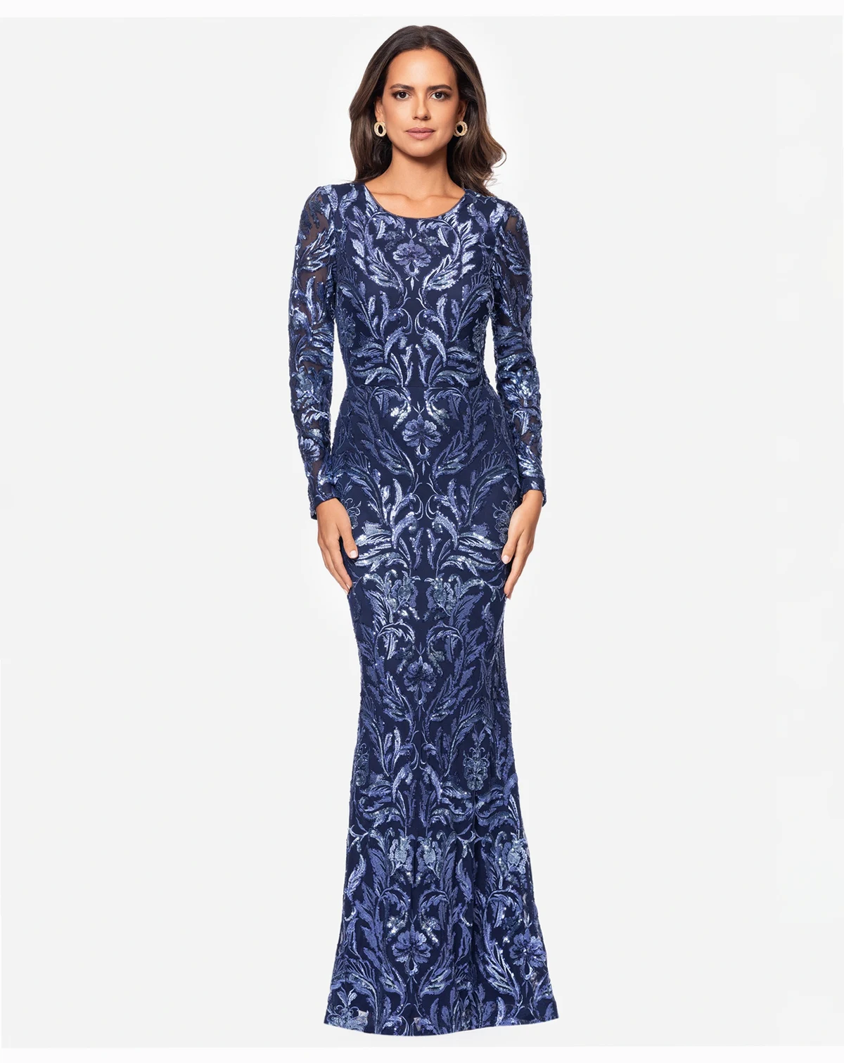 Petite Sequin Detail Crewneck Long Gown Dress