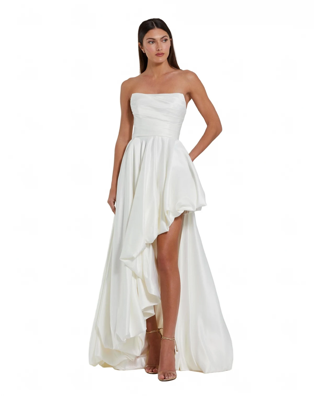 Petite Strapless High-Low Satin Gown with Draped Skirt