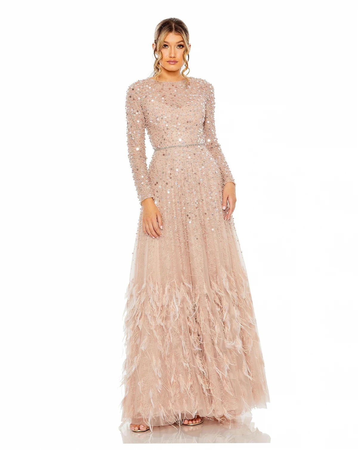 Petite Disc Embellished Sequin Gown with Feather Detail
