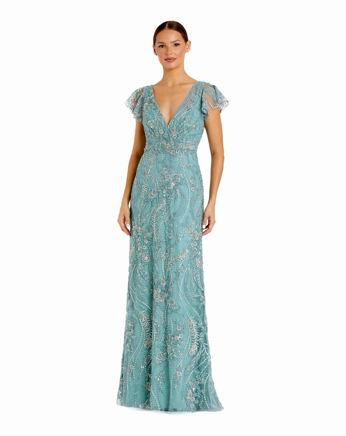 Petite V Neck Flutter Sleeve Floral Embroidered Gown