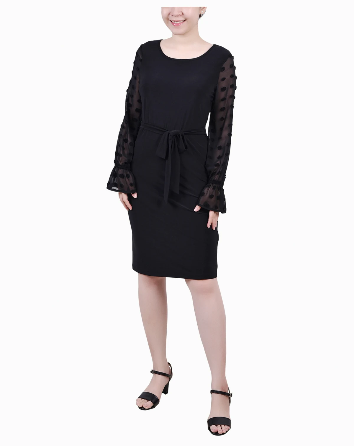 Petite Long Chiffon-Sleeve Knit Dress