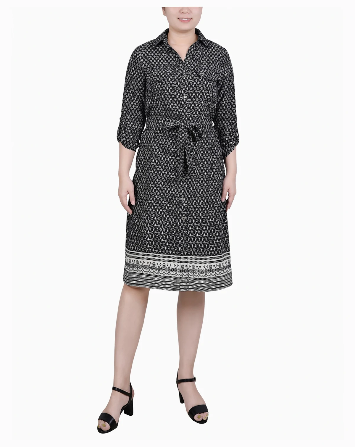Petite 3/4 Roll Tab Sleeve Belted Shirtdress