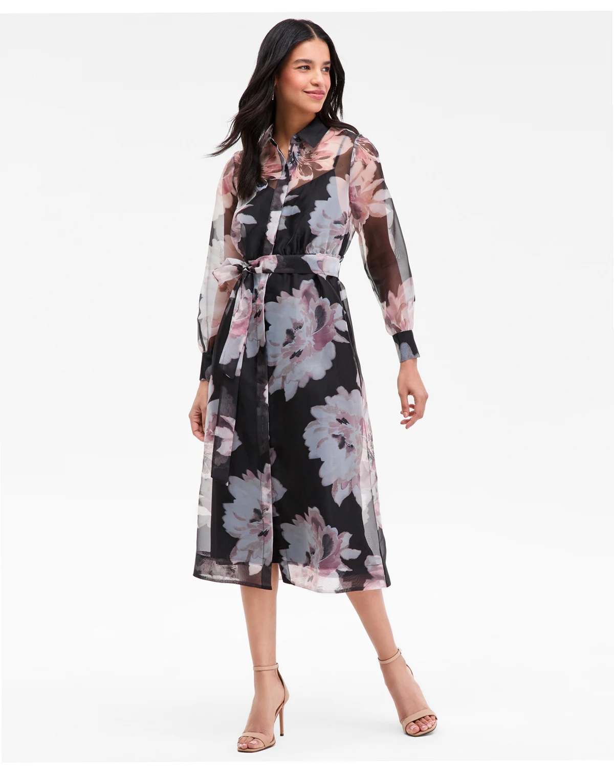 Petite Tiered Printed Organza Shirtdress
