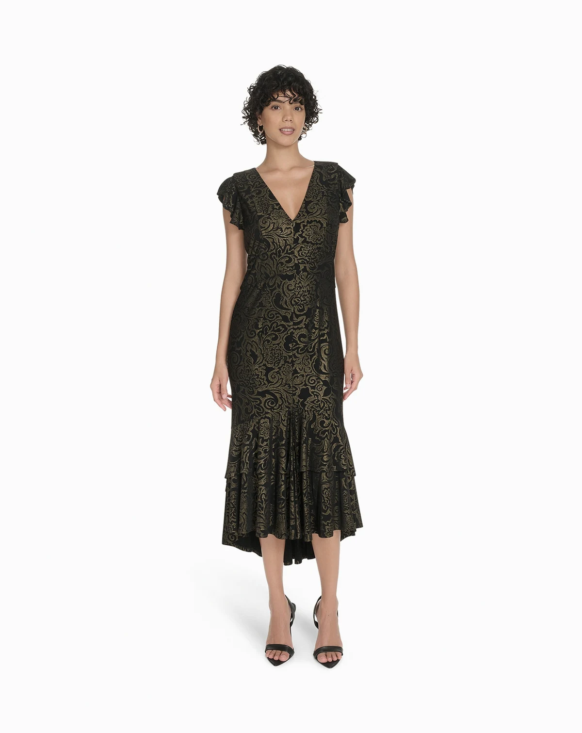 Petite Flutter Sleeve Foil Midi Dress