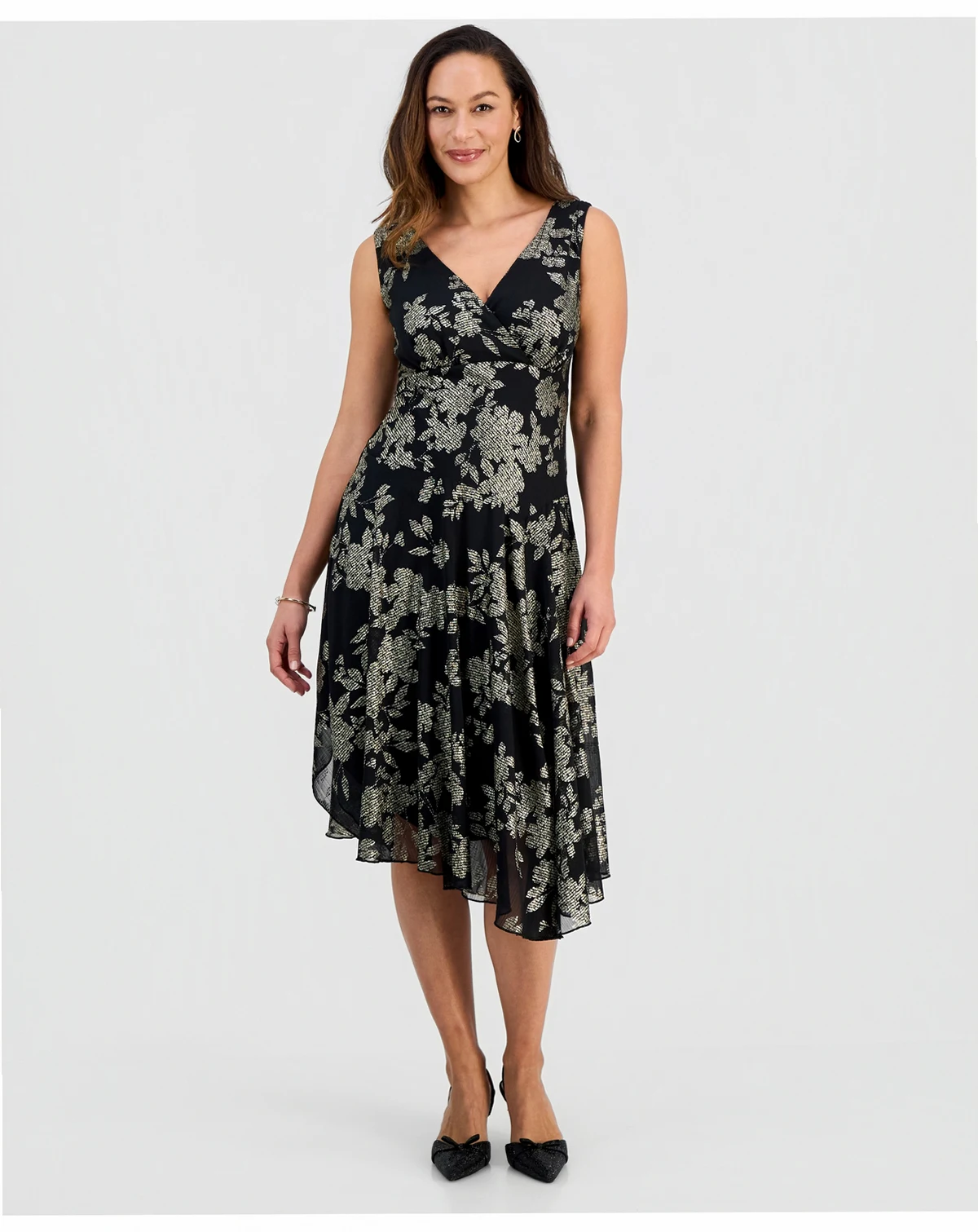 Petite Metallic Floral Print Asymmetric Midi Dress