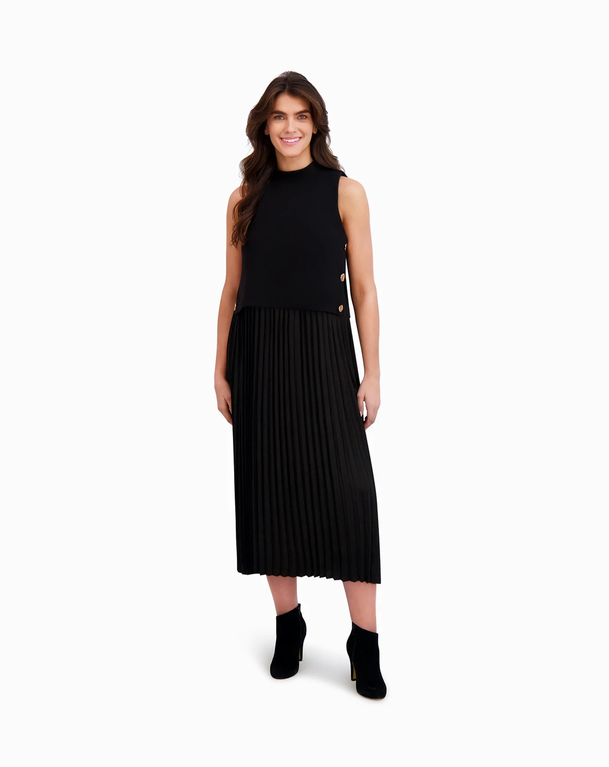 Petite Pleated Knit Mock Neck Midi Dress