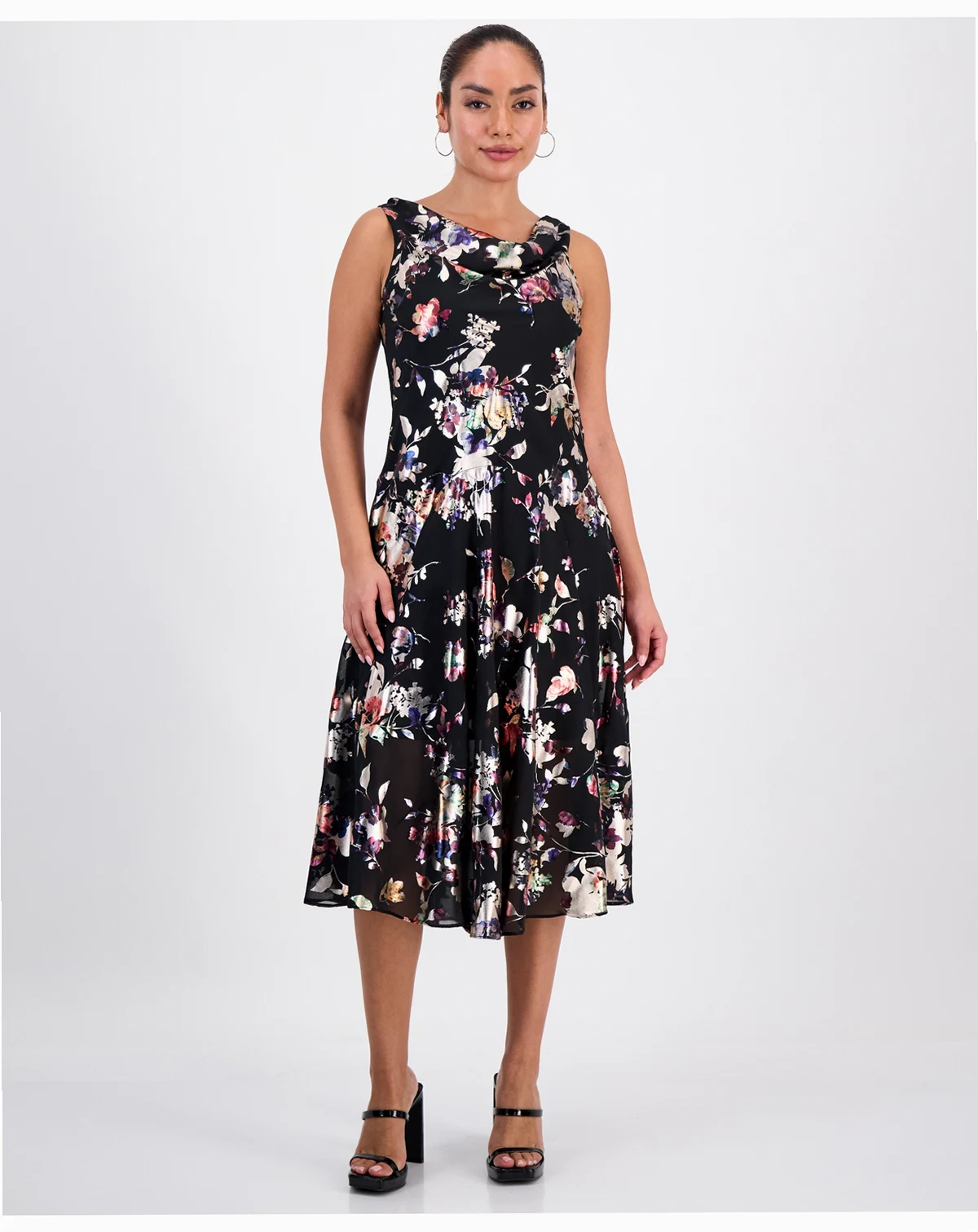Petite Foil-Print Cowlneck Midi Dress