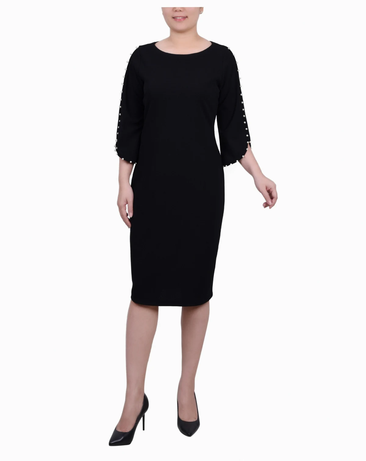 Petite 3/4 Cultivated Pearl-Detail Petal Sleeve Dress
