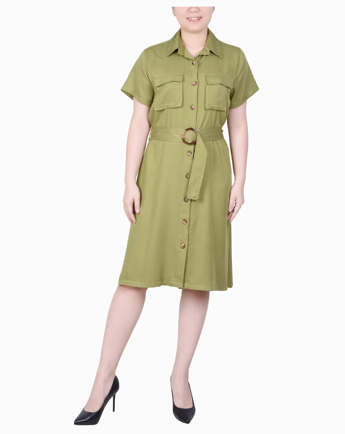 Petite Short Sleeve Belted Utility Style Dress
