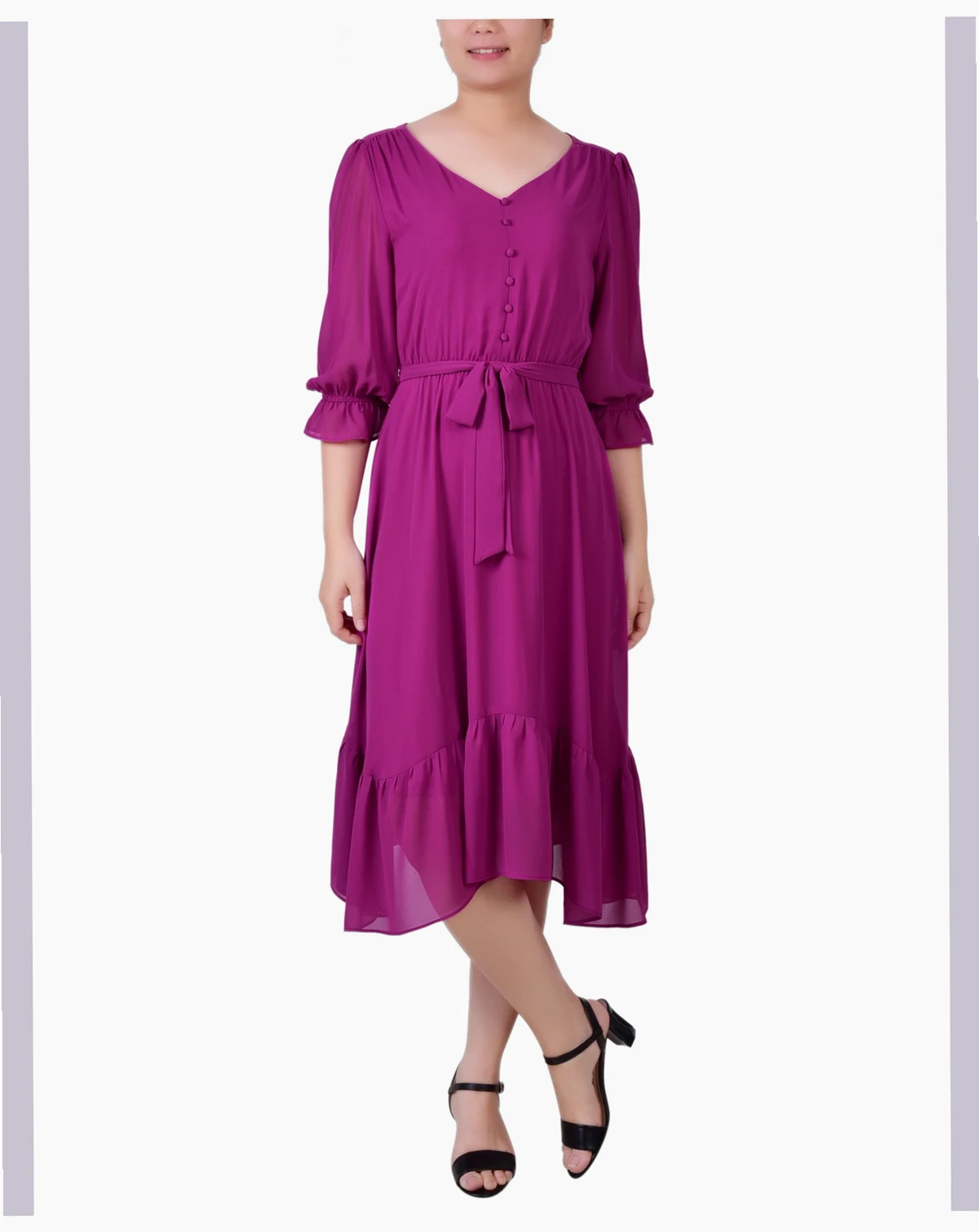 Petite 3/4 Sleeve V-neck Flounced Dress