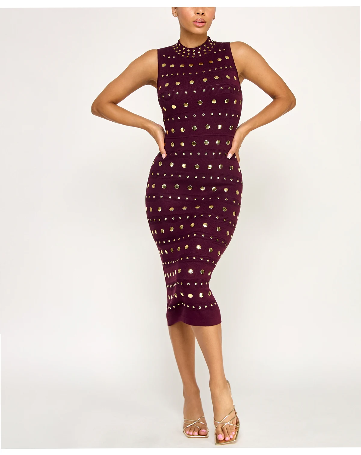 Juniors' Mock Neck Sleeveless Studded Midi Sweater Dress