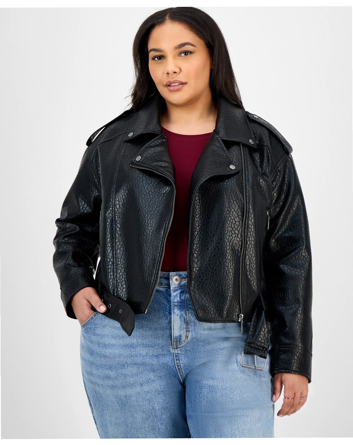 Trendy Plus Size Faux-Leather Belted Jacket