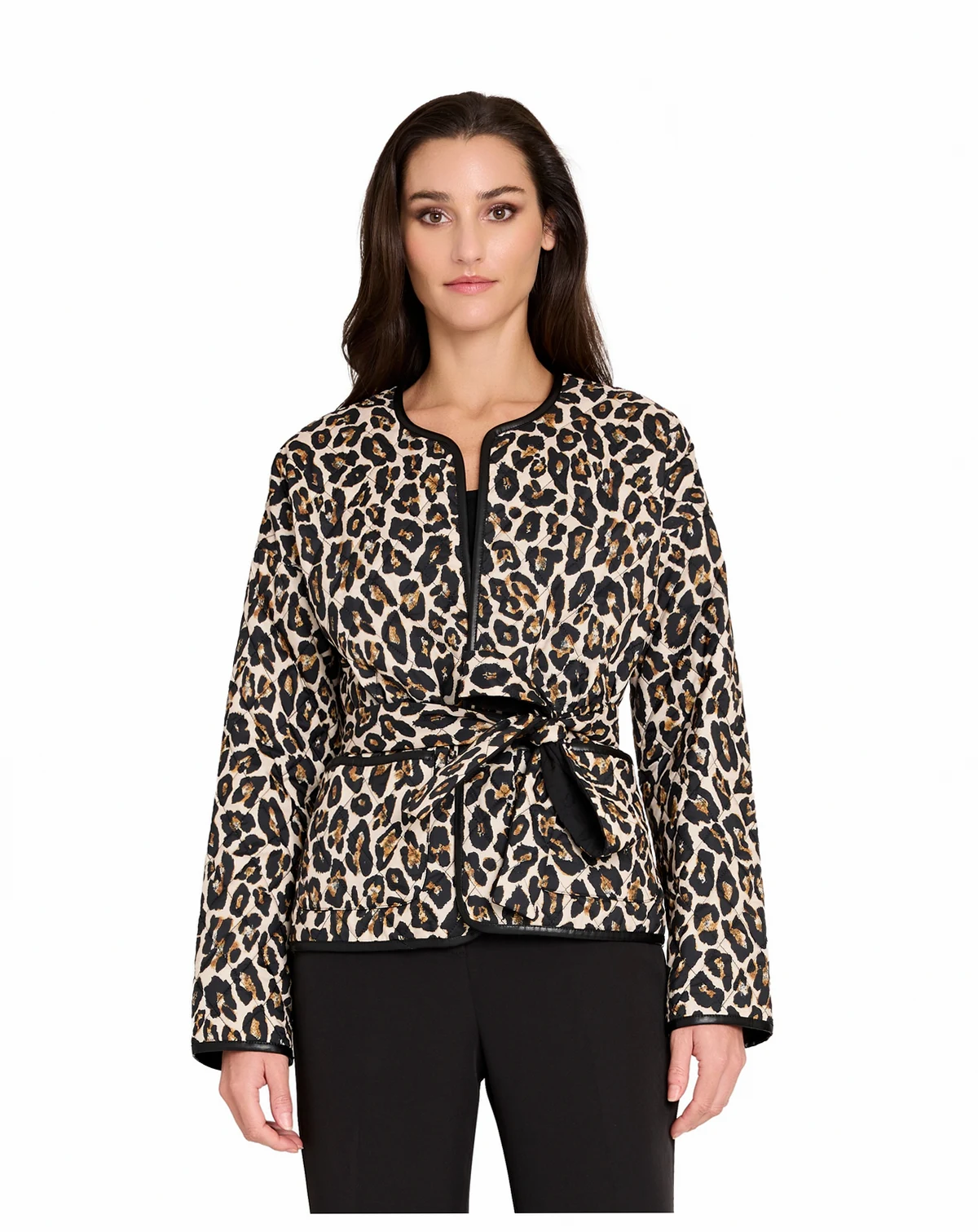 Women's Collarless Tie Belt Quilted Reversible Jacket