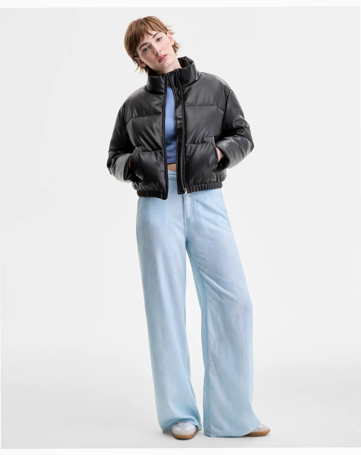 Juniors' Cropped Faux-Leather Puffer Coat