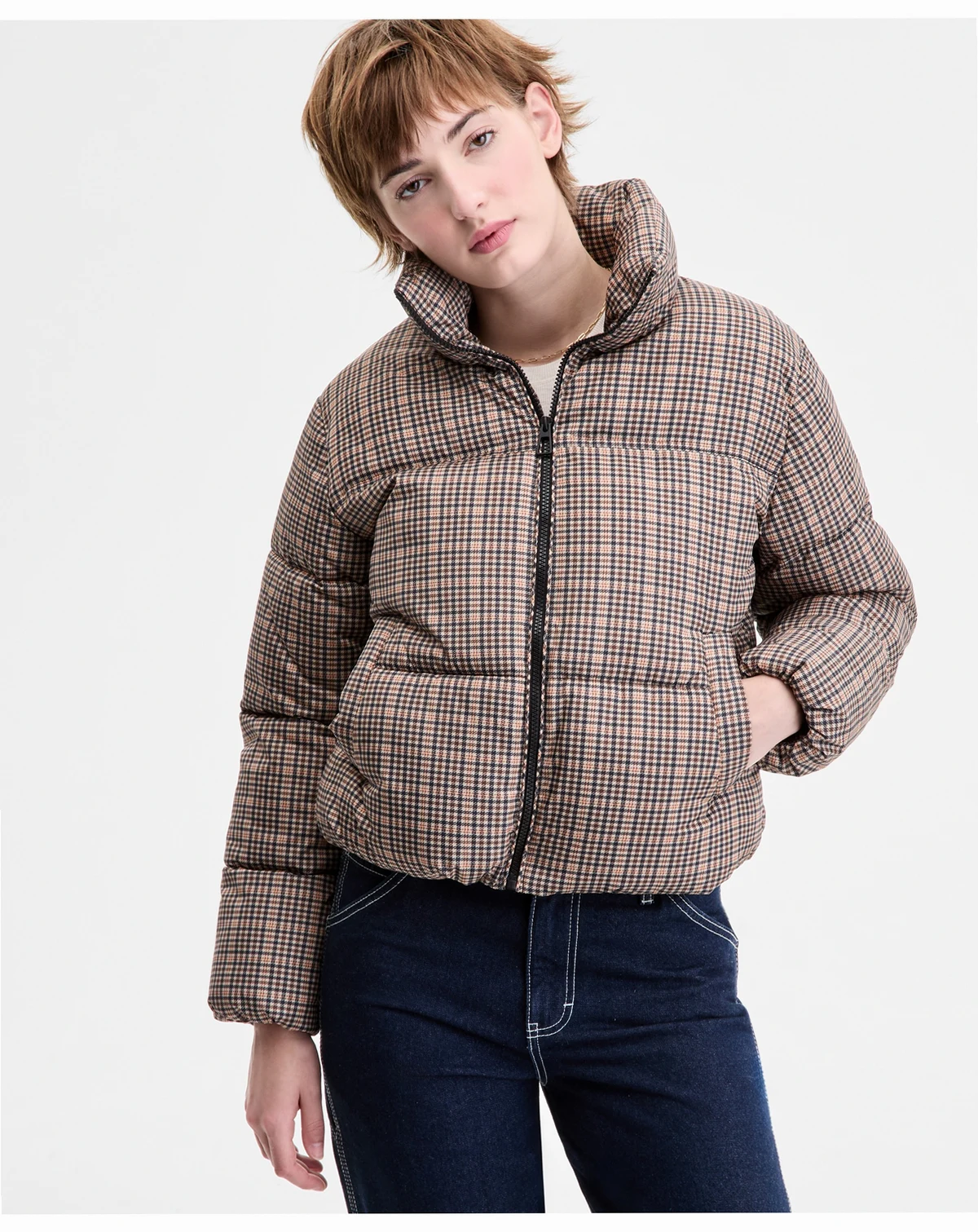 Women's Plaid Zip-Front Puffer Coat