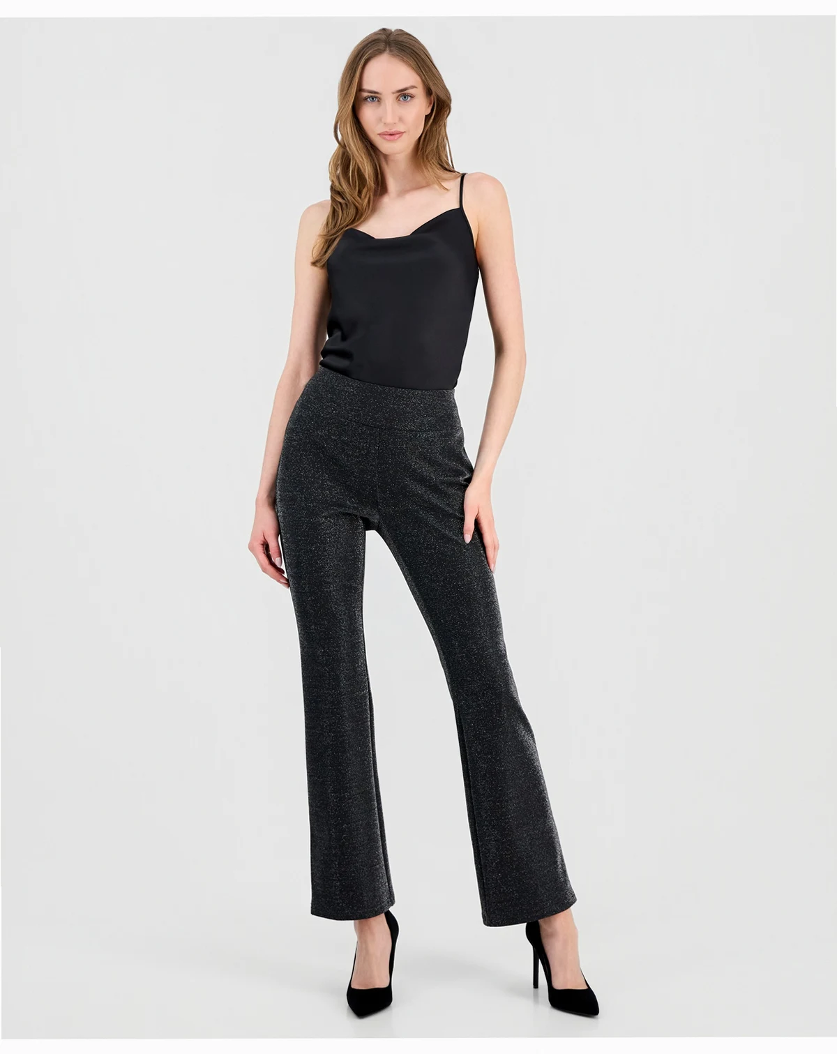 Women's Pull-On High-Rise Flare-Leg Metallic Pants