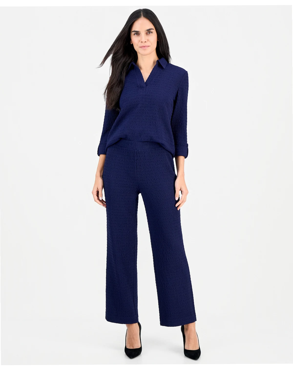 AK Anne Klein Petite Ridge Knit Pull-On Wide-Leg Pants