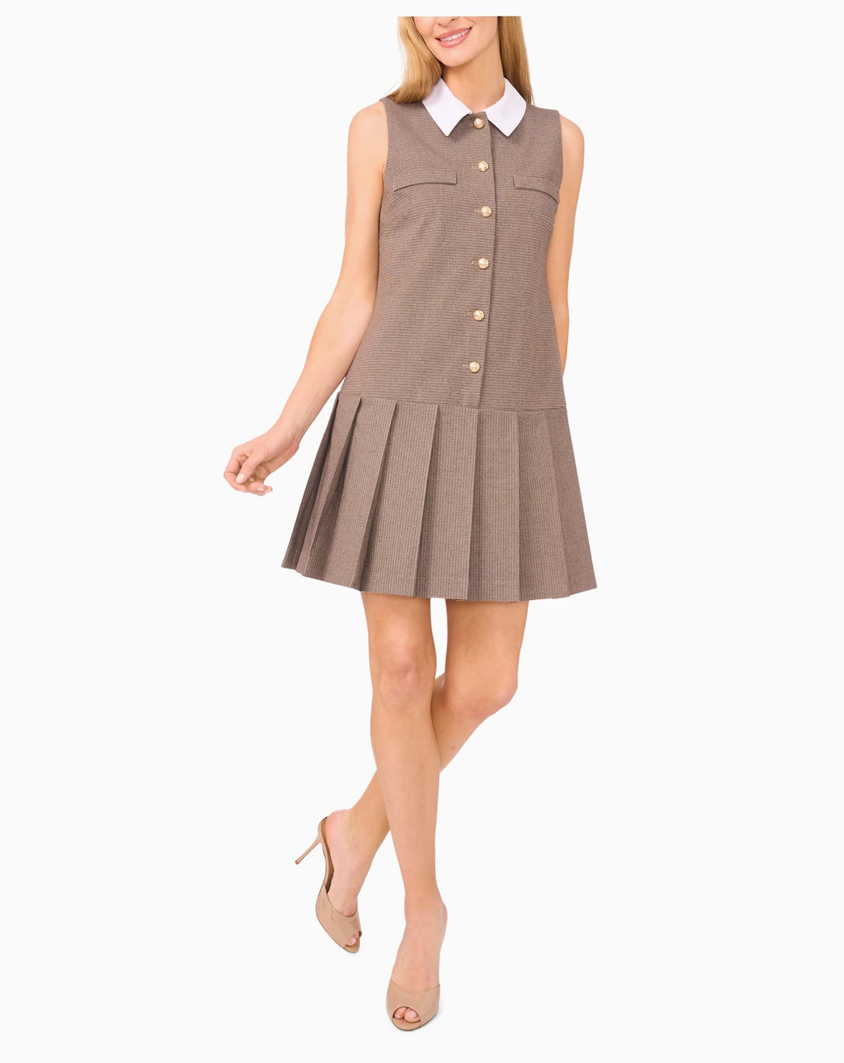 Women's Sleeveless Houndstooth Button Down Dress