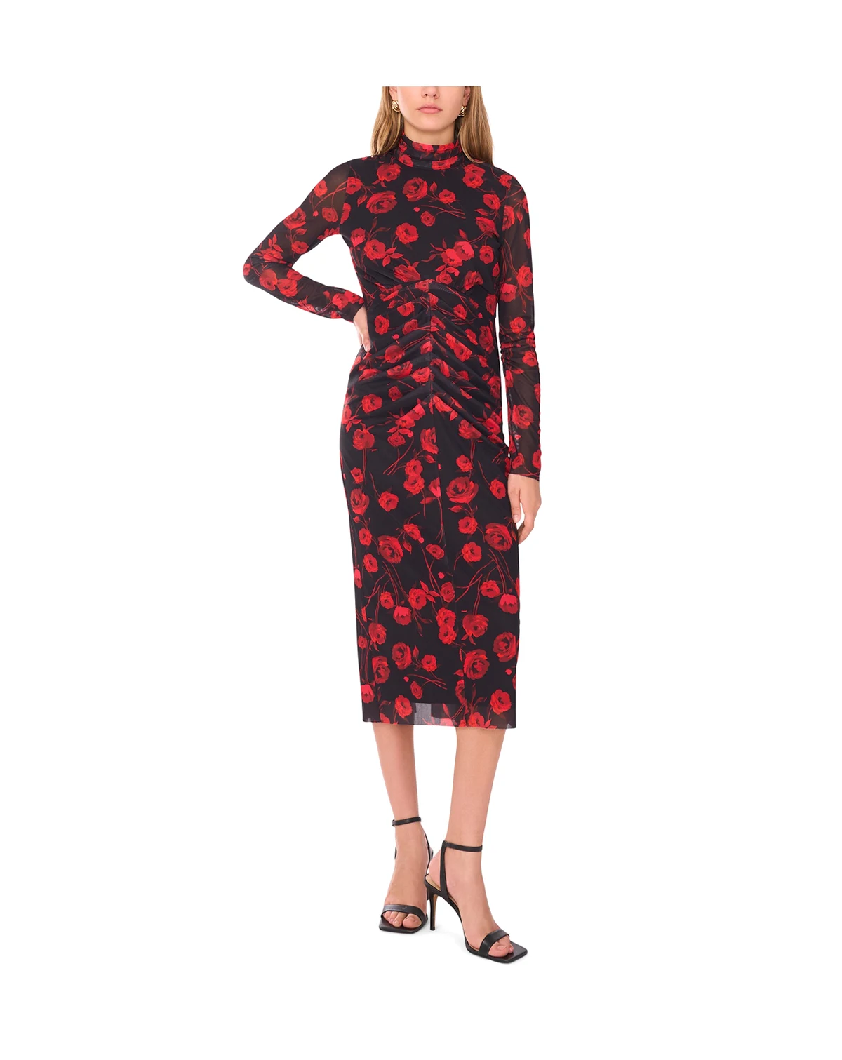 Women's Floral Long Sleeve Mock Neck Mesh Midi Dress