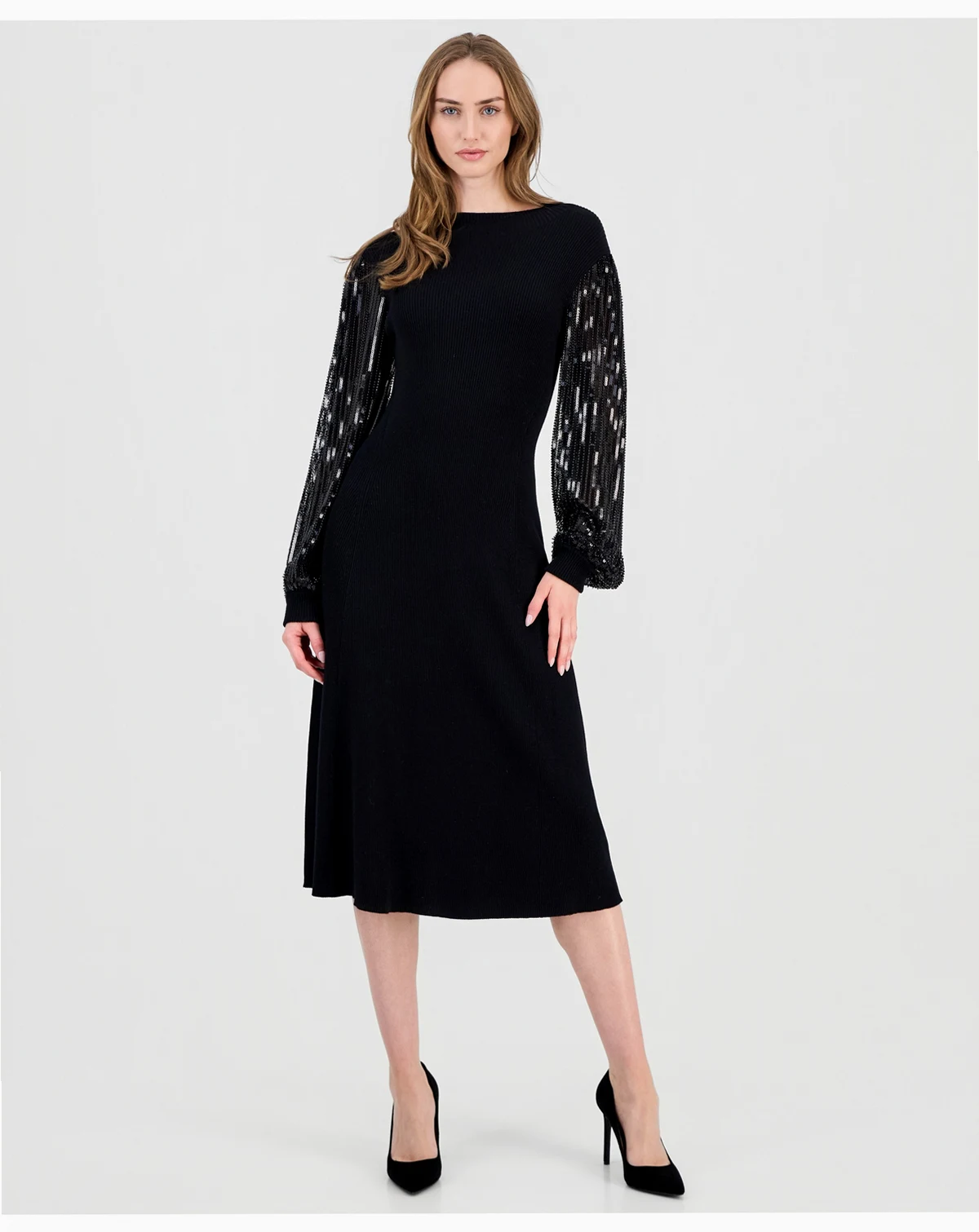 Women's Embellished-Sleeve Ribbed Dress
