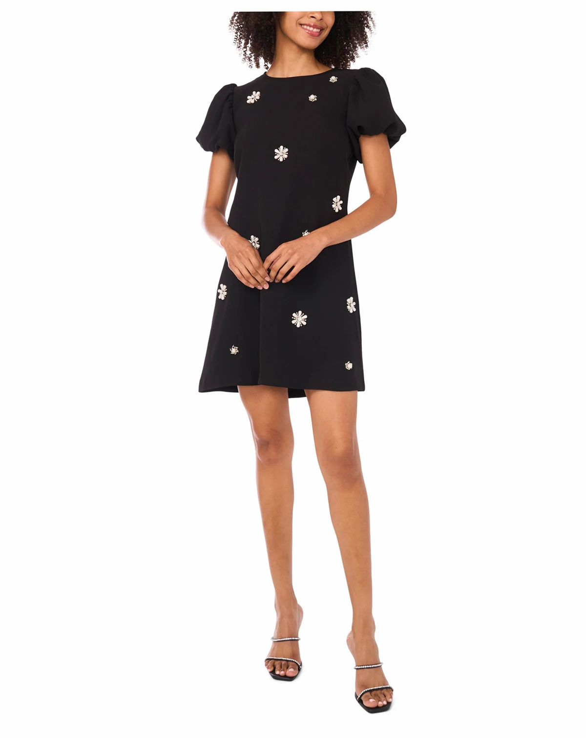 Women’s Embellished Crewneck Short Puff-Sleeve Flare Dress