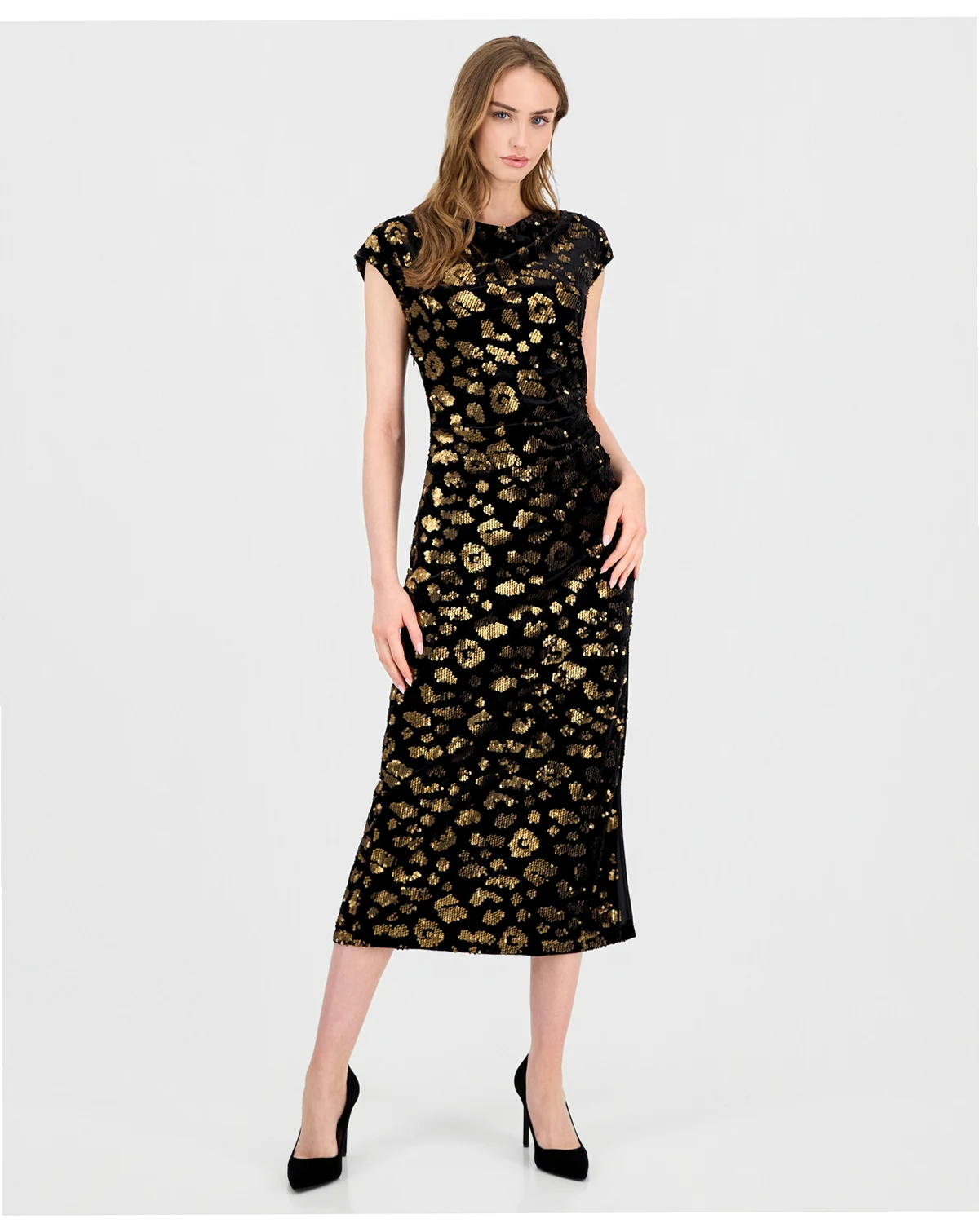 Women's Cowl-Neck Side-Slit Sequin Midi Dress