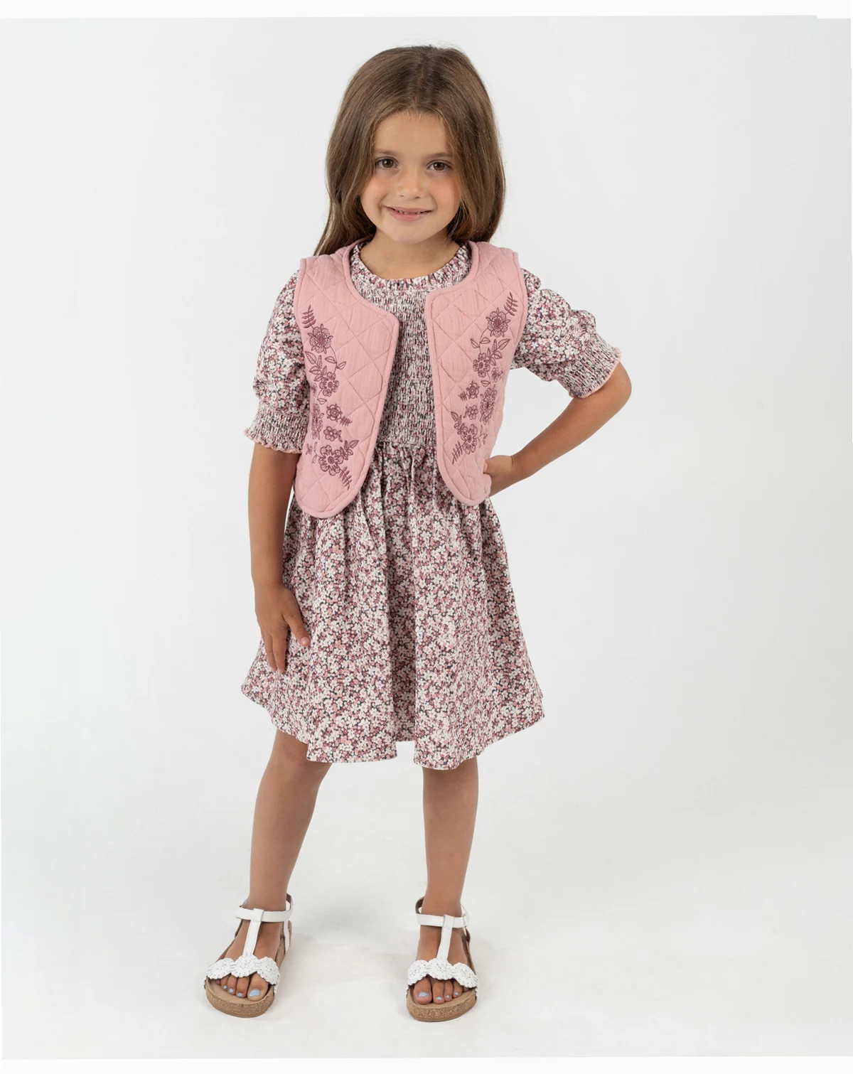 Little Girls' Floral Corduroy Dress with Quilted Vest, 2 pc