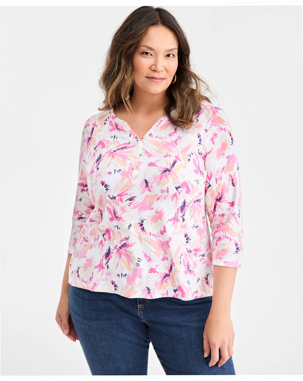 Plus Size Printed Henley 3/4-Sleeve Top, Macy's Exclusive