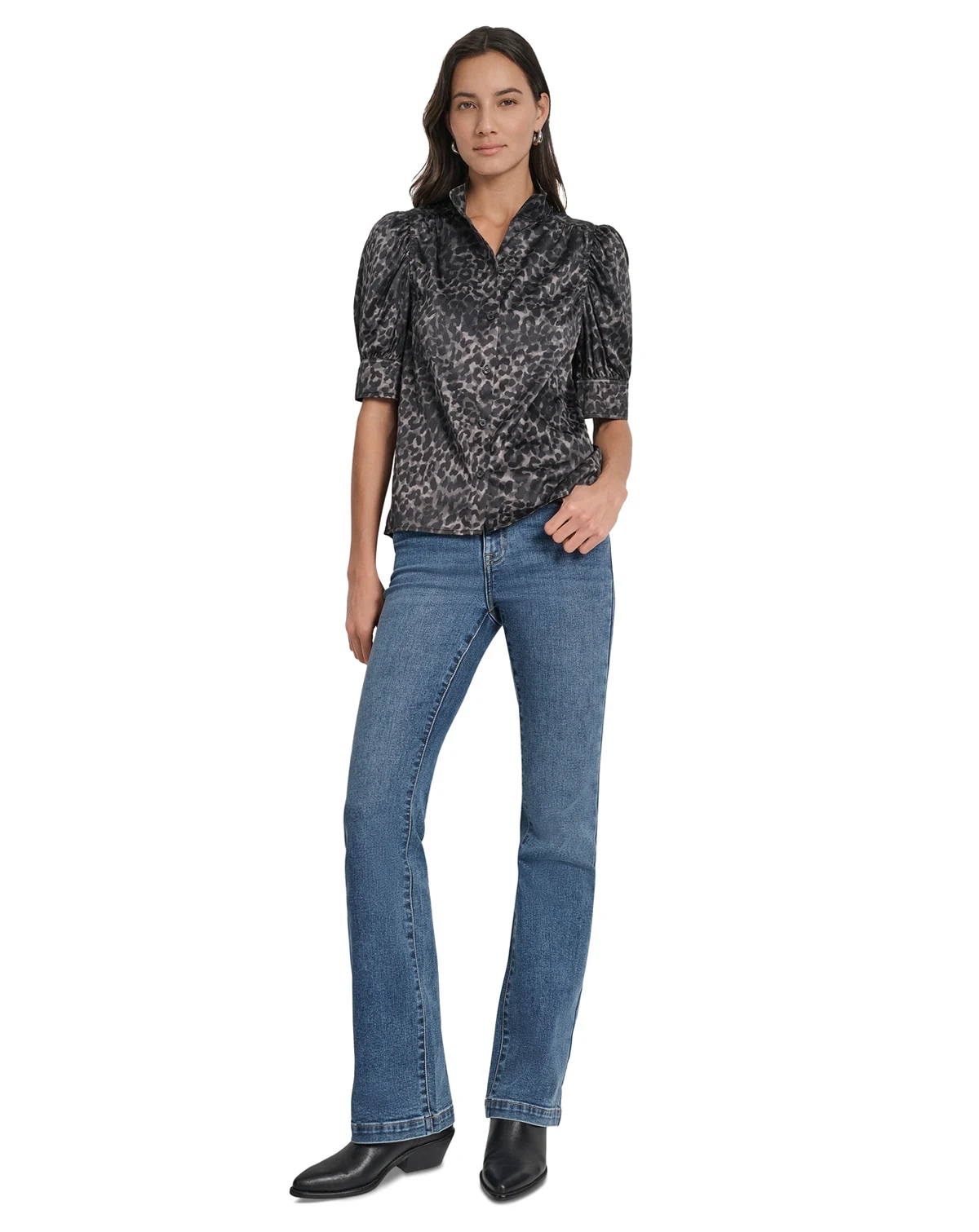 Women's Stand Collar Puff-Sleeve Shirt