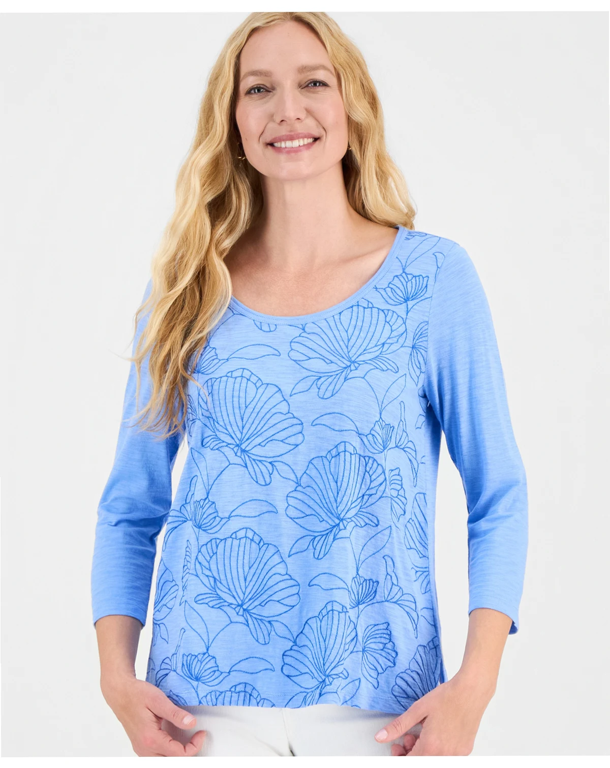 Women's 3/4 Sleeve Scoop Embroidered Knit Top, Macy's Exclusive
