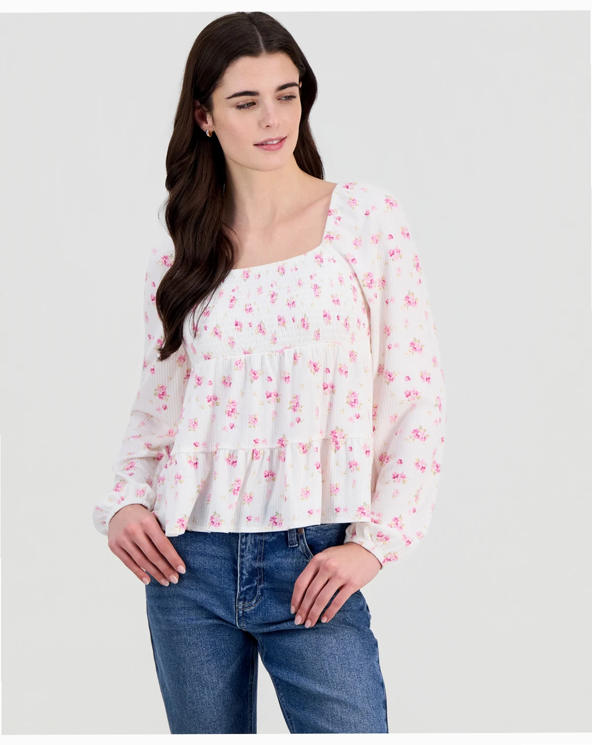 Juniors' Floral Tiered Babydoll Top