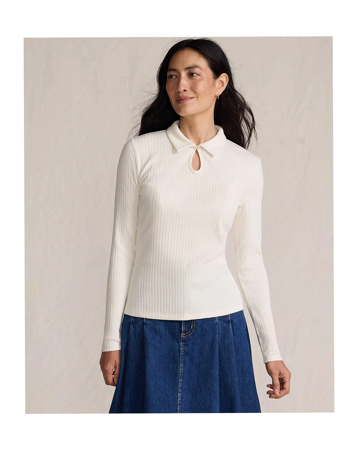 Women's Long Sleeve Pointelle Rib Keyhole Polo Top