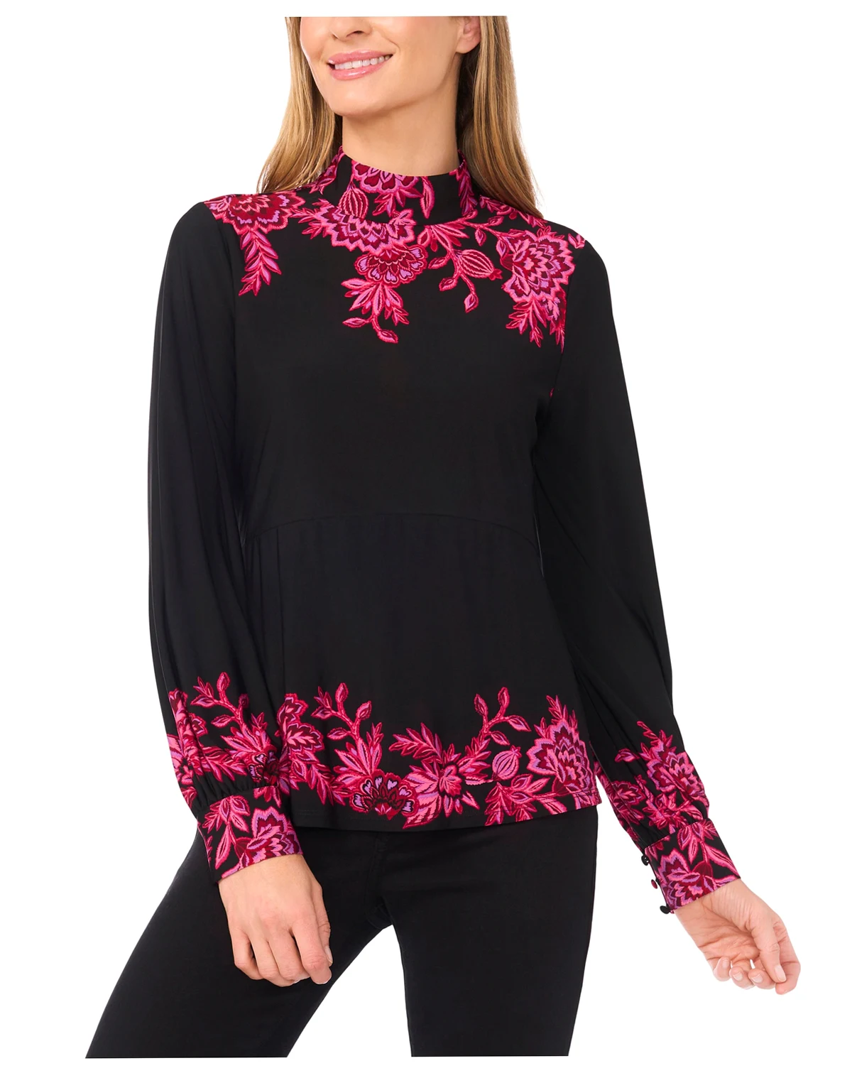 Women's Border Print Long Sleeve Mock Neck Top
