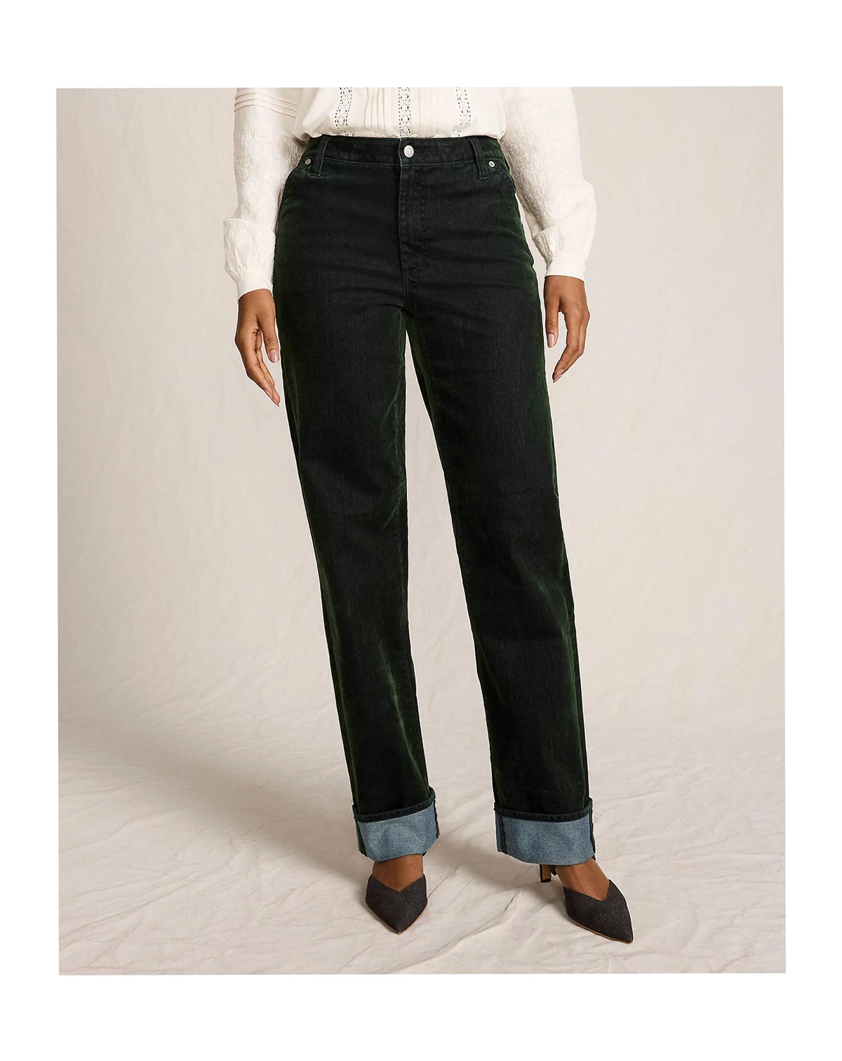 Women's Flocked Denim Mid Rise Relaxed Straight Leg Cuff Jeans