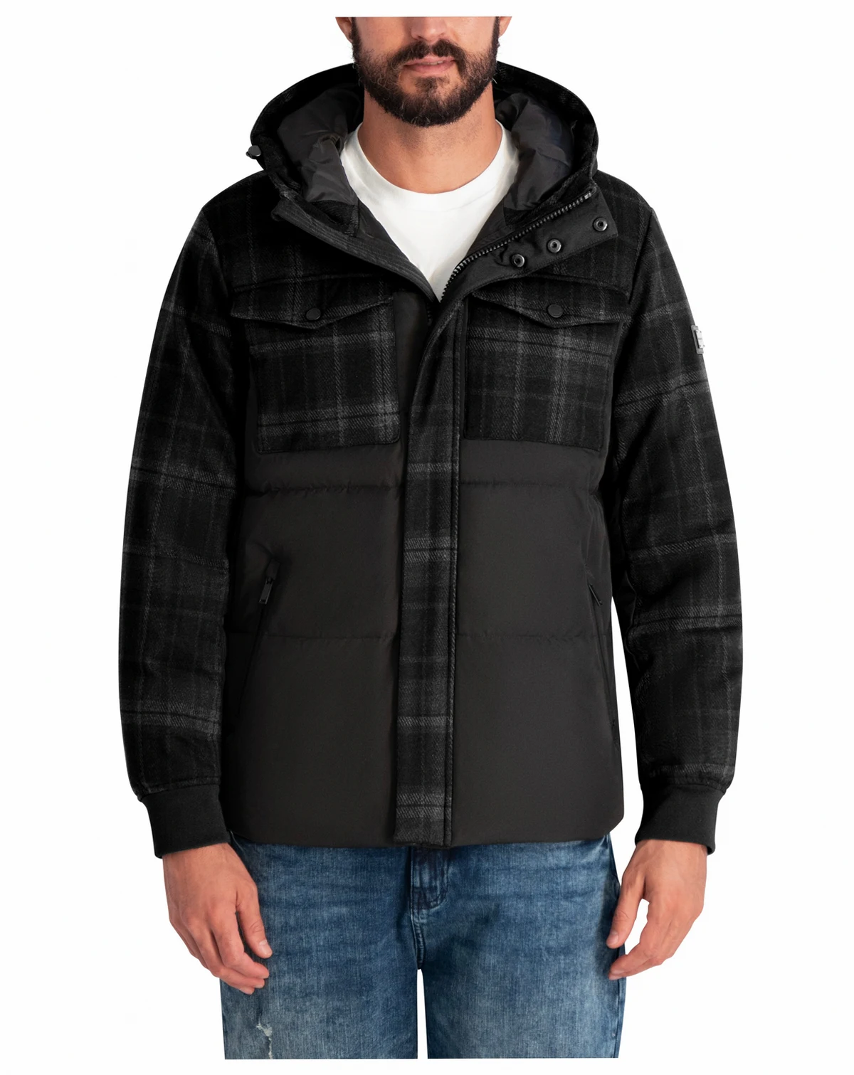 Men's Mixed Media Hooded Puffer Jacket