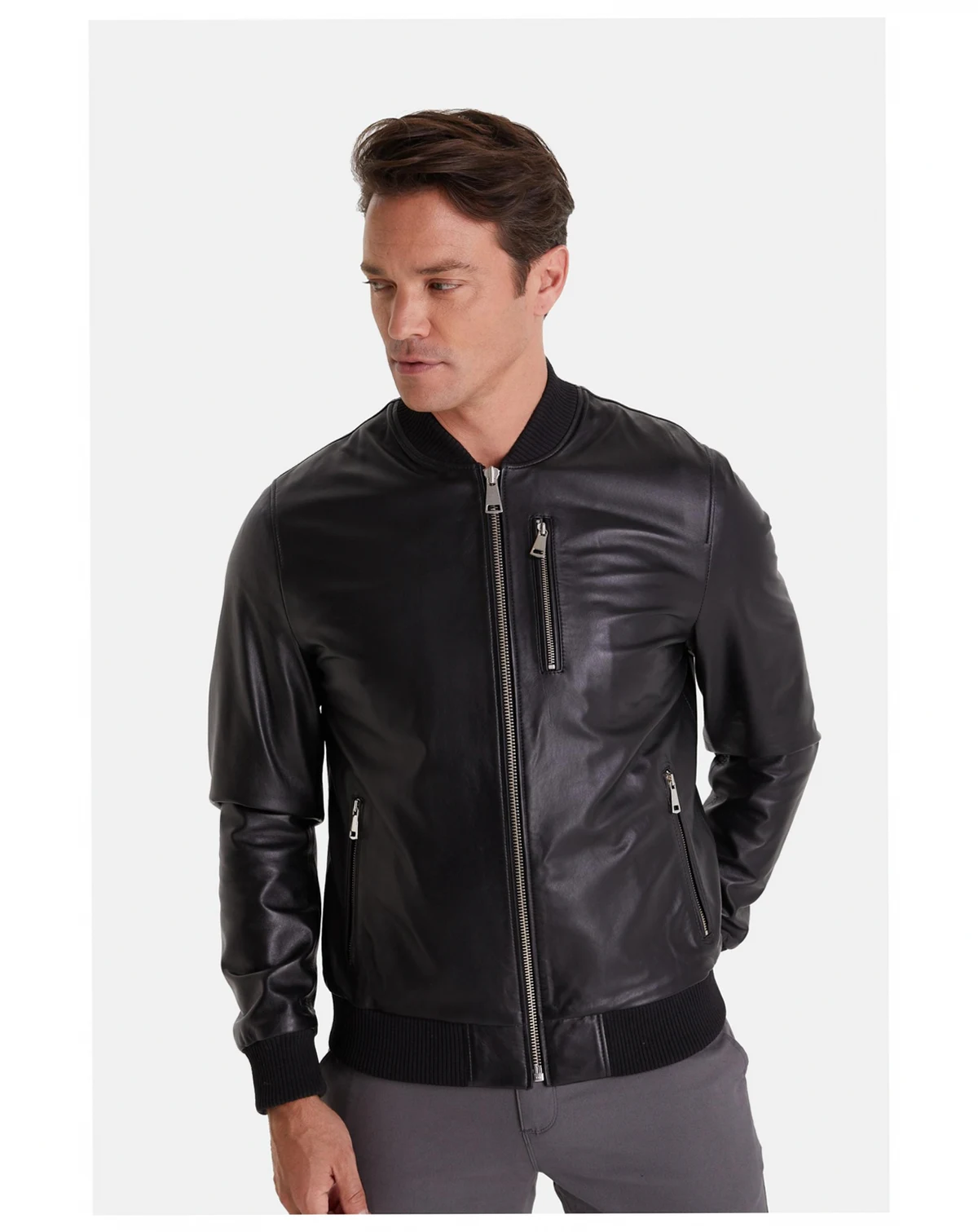 Men's Leather Bomber Jacket, Black