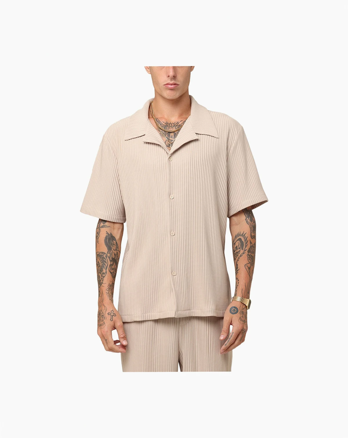 Men's Pleated Button Up Shirt - Tan L