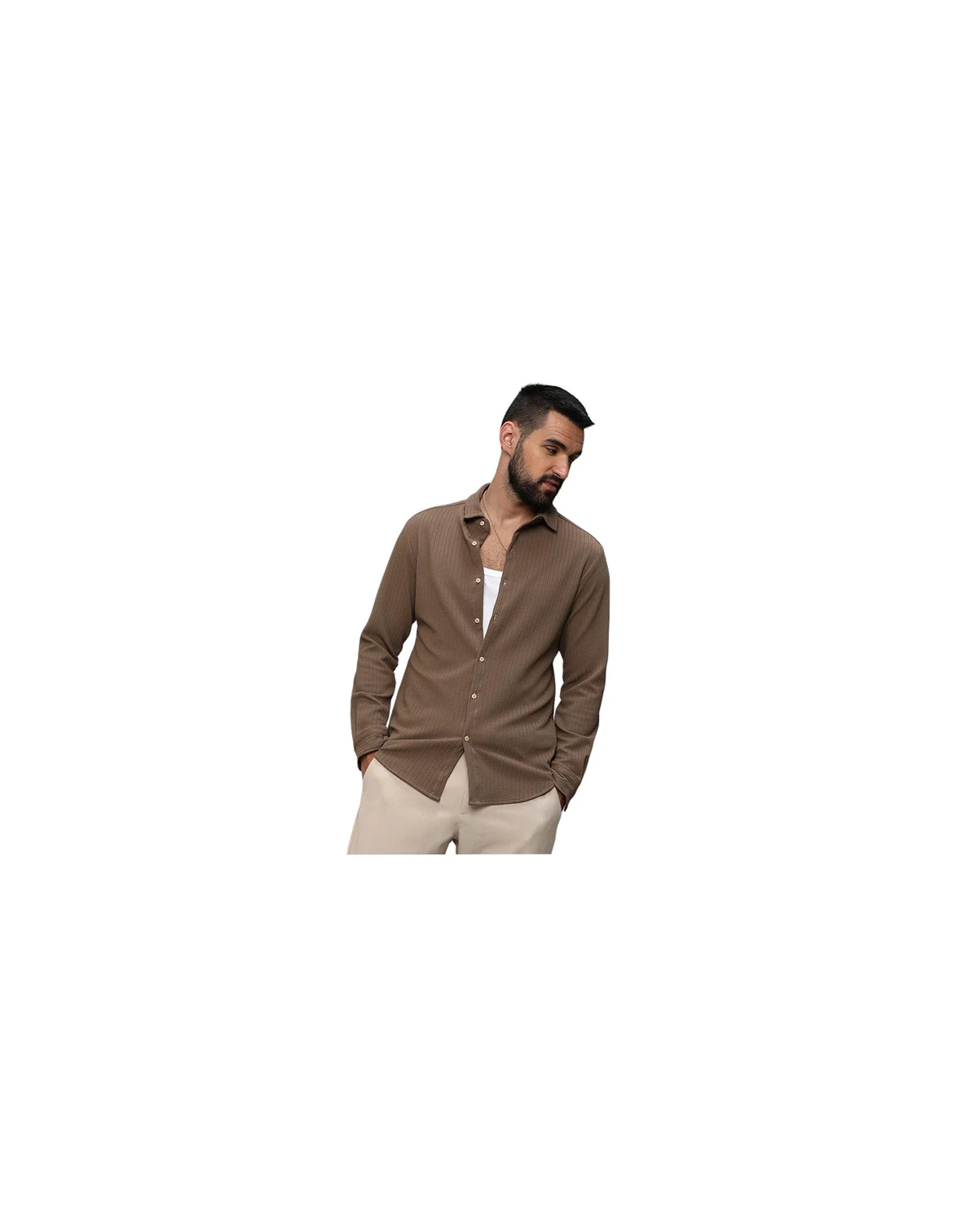 Men's Tan Brown Stripe-Creased Shirt