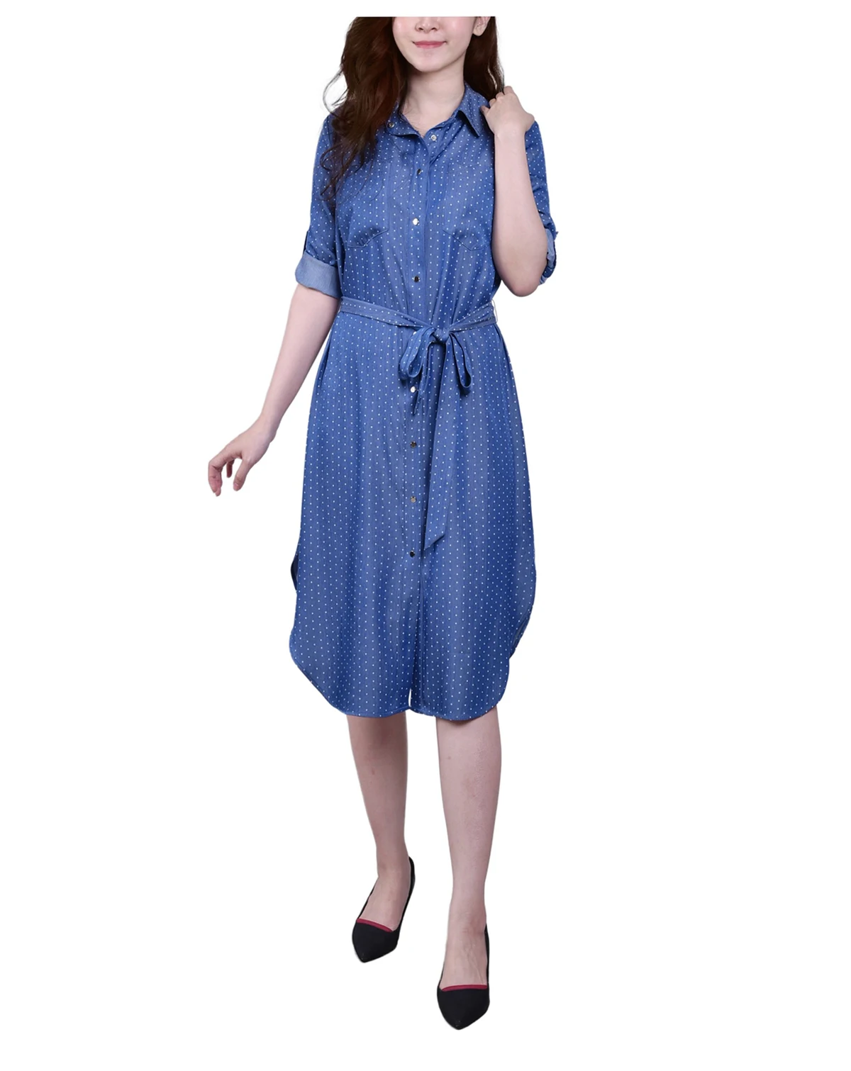 Petite 3/4 Roll Tab Sleeve Denim Dress