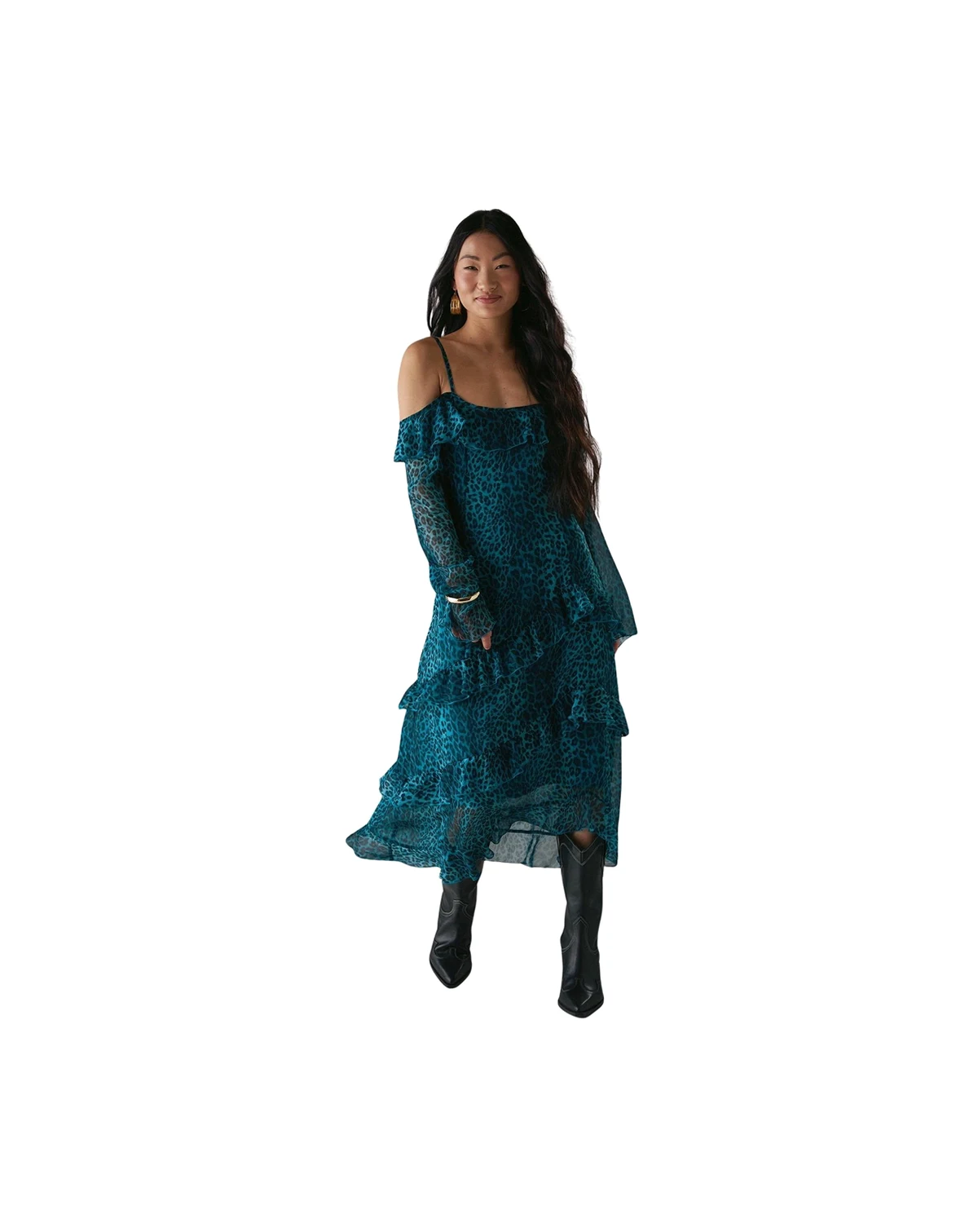 Women's Ruffle Cold Shoulder Midi Dress