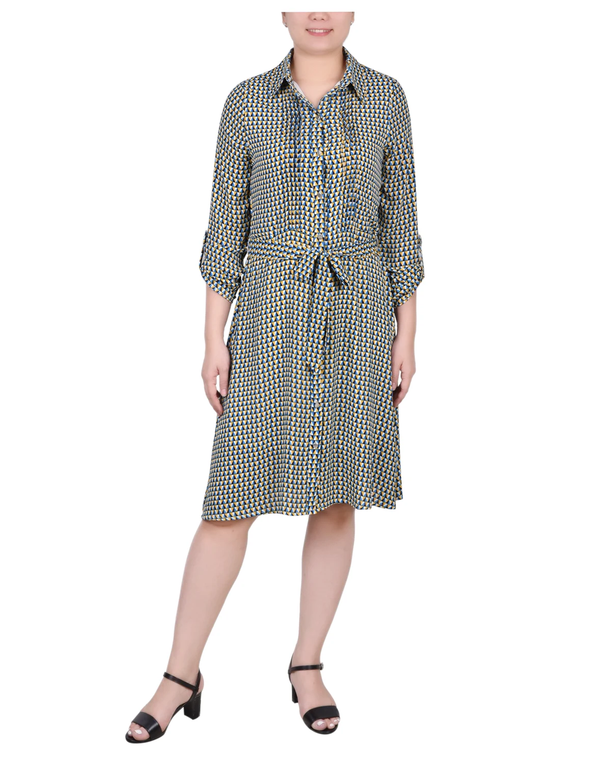 Petite Geometric Printed Roll Tab Sleeve Dobby Shirt Dress