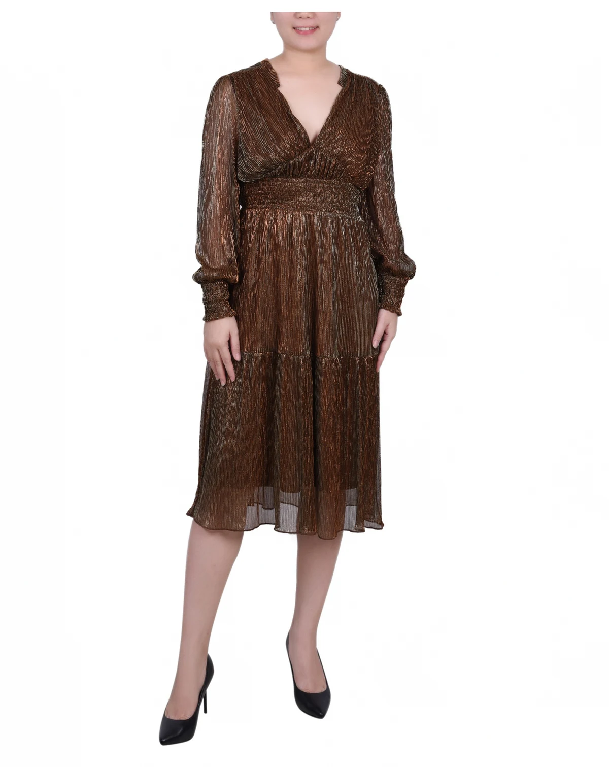 Petite Long Sleeve Plisse Mesh Dress