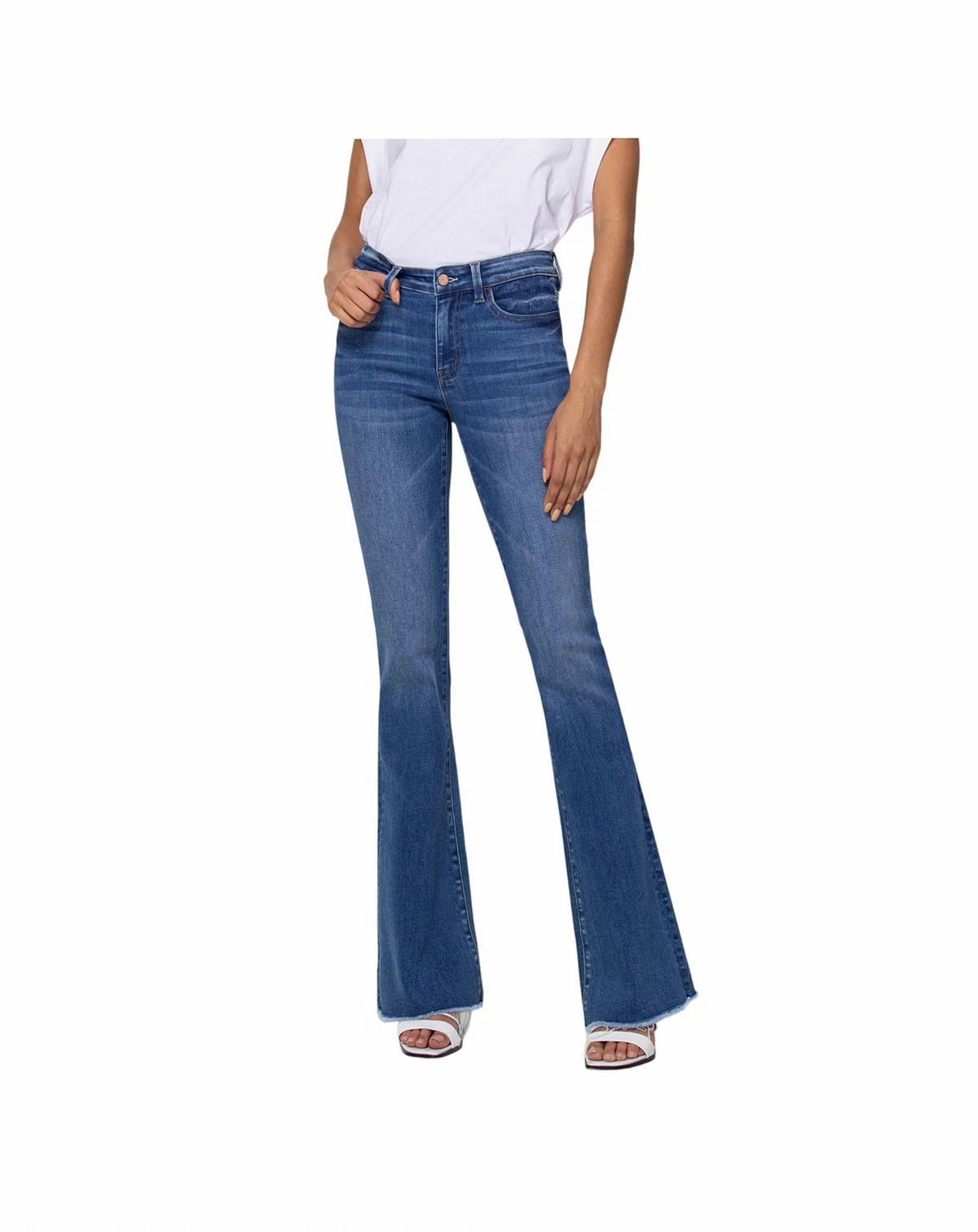 Women's Mid Rise Raw Hem Mini Flare Jeans