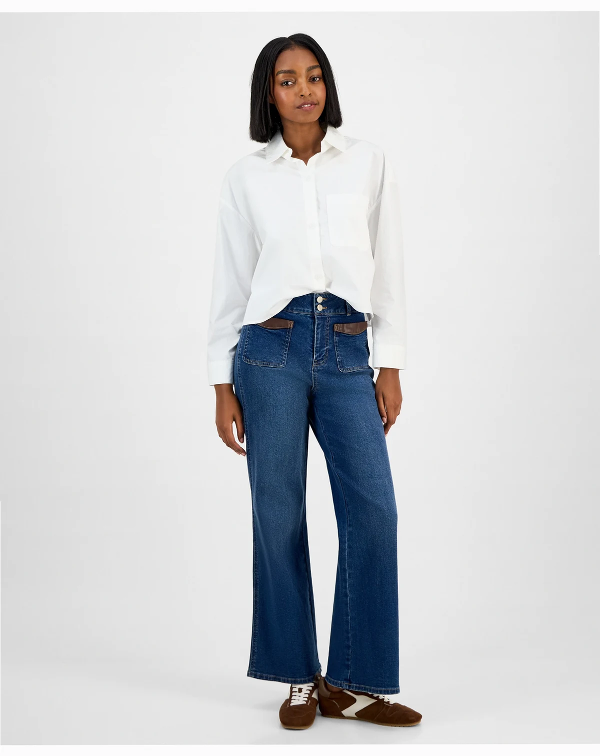 Women's Wide-Leg Faux-Leather-Trim Jeans, Macy's Exclusive