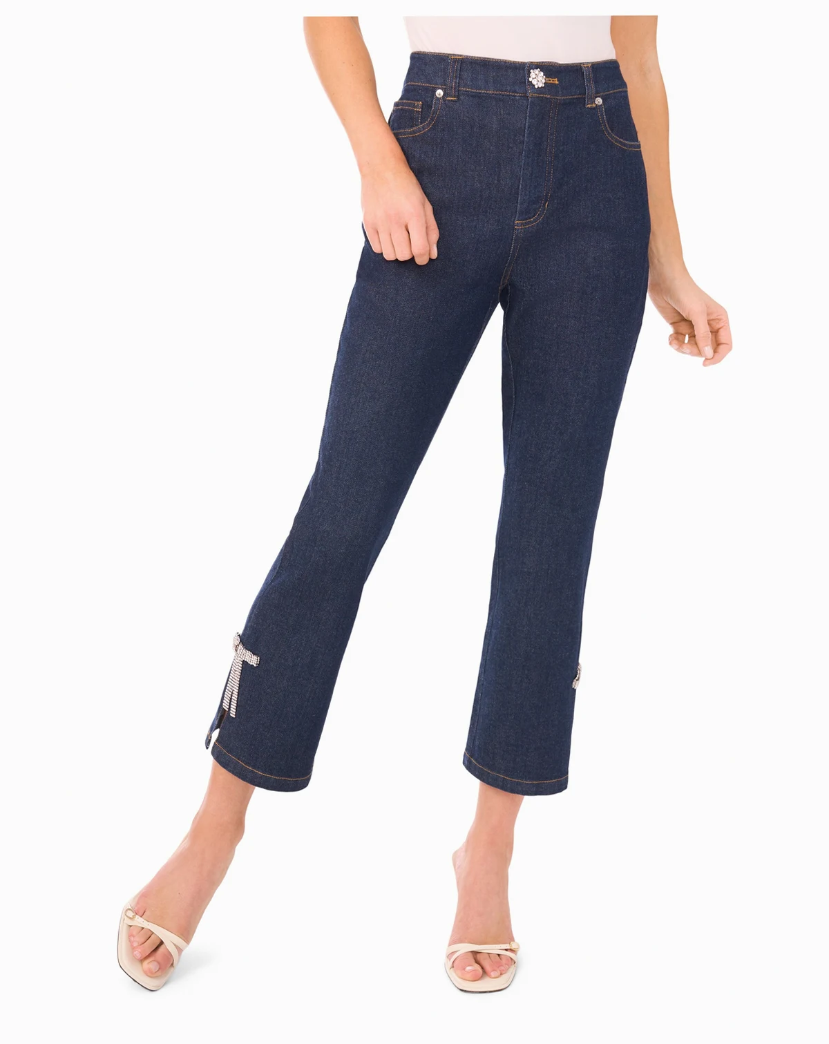 Women's Cropped Flare Bow Detail Mid Rise Jeans